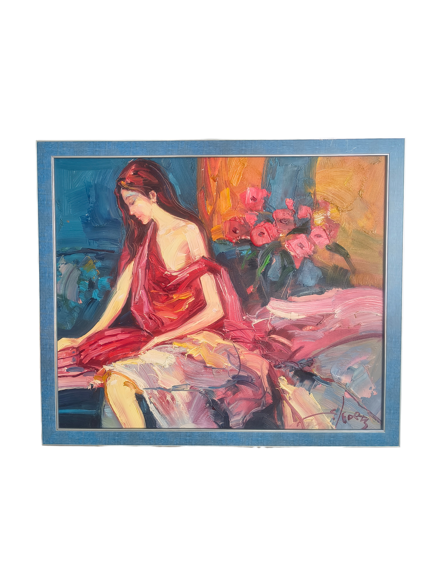 Frau in Rot – Impression mit Blumen